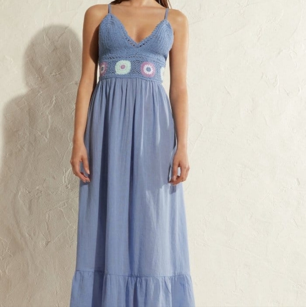 Calzedonia Cobey‎ Elegant Blue Crocheted Spaghetti Strap Maxi Sz. S-M Dress
